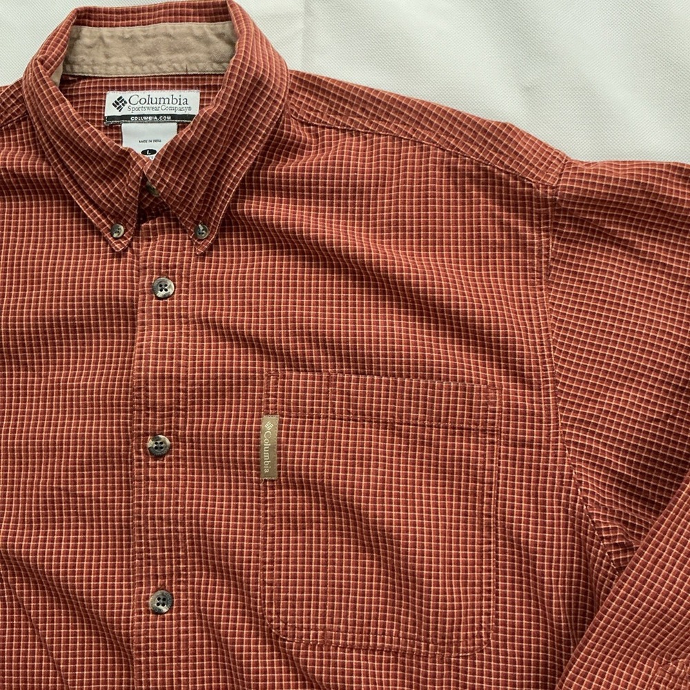 Columbia Shirt Mens Large Rust Plaid Cotton Button Down Outdoor Hiking AM7533